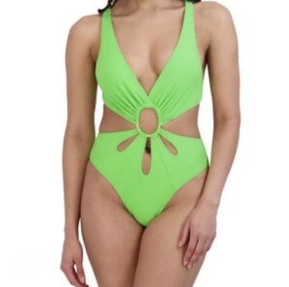 BCBGMAXAZRIA Womens Cut-Out Lime One-Piece Swimsuit - Picture 1 of 8